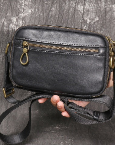 Black Small Messenger Bag Men's Black Leather Messenger Bag Small Black Leather Crossbody Bag