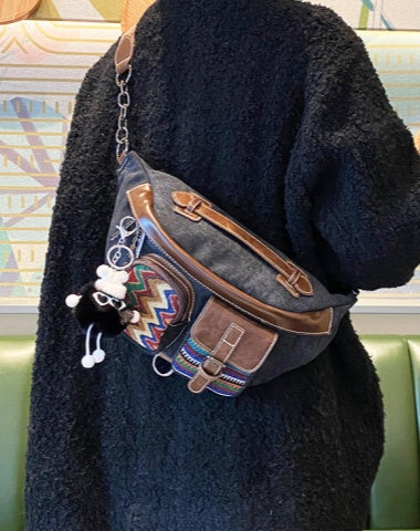 Canvas Boho Sling Bag Womens Crossbody Backpack Canvas Boho Embroidery Waist Bag