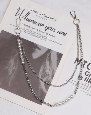 Cute Womens Pearls Jeans Chain Silver Double Layers Astronaut Wallet Chains Jeans Chain For Women