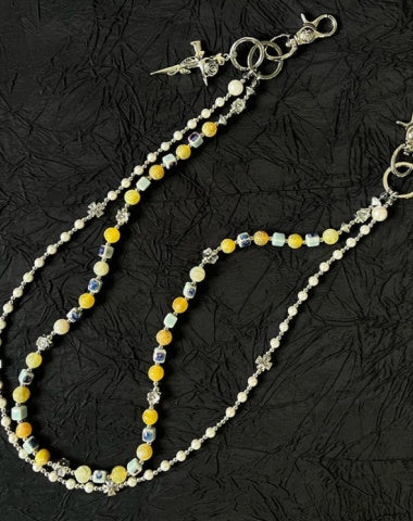 Yellow Ball Pants Chain Cross Ball Wallet Chain Stone Beaded Wallet Chain Double Chain Bead Wallet Chain