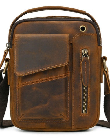 Brown Leather Vertical Crossbody Bag for Men Small Vertical Crossbody Bag Messenger Bag