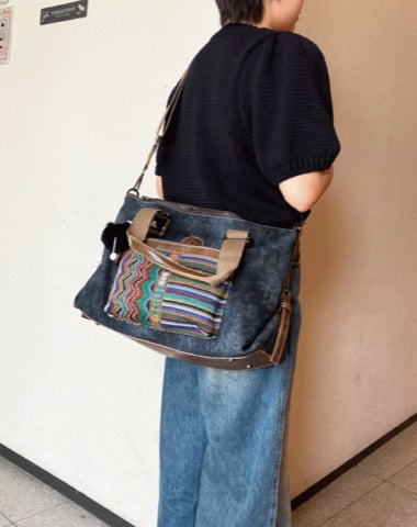 Black Gray Canvas Boho Crossbody Bag Women Canvas Embroidery Boho Shoulder Bag Boho Style Handbag