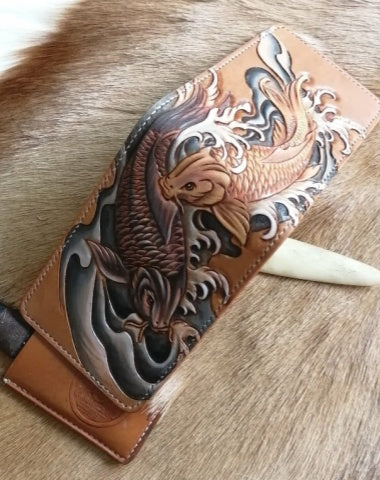 Tooled Leather Wallet Card Wallet with ID Window Carp Leather Wallet ID Holder Wallet Mens Wallet with ID Window Carp Wallet