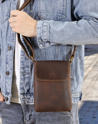 Dark Brown Leather Crossbody Phone Purse for Men Genuine Leather Cell Phone Crossbody Bag Messenger Bag