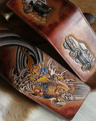 Carp Tooled Leather Wallet Card Wallet with ID Window Koi ID Holder Wallet Mens Wallet with ID Window