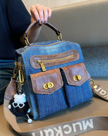Blue Convertible Denim Handbag Shoulder Bag Women Denim Crossbody Bag Convertible Denim Mini Backpack Bag