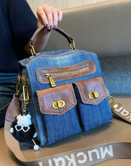 Blue Convertible Denim Handbag Shoulder Bag Women Denim Crossbody Bag Convertible Denim Mini Backpack Bag