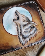 ID Holder Wallet Mens Wallet with ID Window Billfold Wolf Tooled Leather Wallet Card Wallet with ID Window