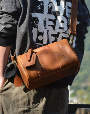 Brown Leather Barrel Crossbody Bag Messenger Bag Mens Barrel Leather Bag Small Barrel Shoulder Bag