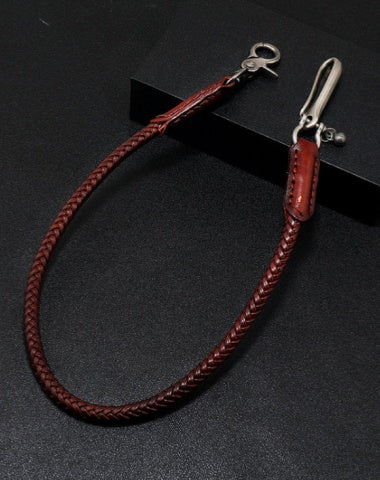 Coffee Leather Braided Biker Wallet Chain Handmade Leather Pants Chain For Men - EverHandmade