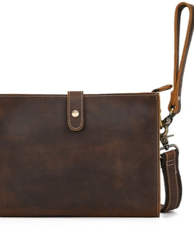 Brown Leather Wristlet with Shoulder Strap for Men Leather Clutch with Shoulder Strap