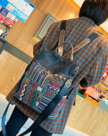 Women Boho Crossbody Bag Black Gray Embroidery Canvas Backpack