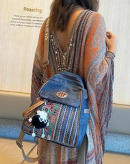 Vintage Convertible Boho Crossbody Bag Women Embroidery Canvas Backpack Boho Style Backpack