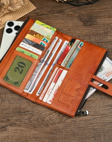 Brown Buckle Mens Wallets That Holds A Lot of Cards Double Zipper Leather Wallet with Buckle for Men Long