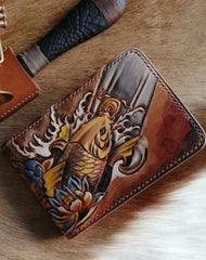 Koi ID Holder Wallet Mens Wallet with ID Window Carp Tooled Leather Wallet Card Wallet with ID Window