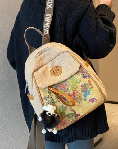 Vintage Linen Backpack for Women Linen Backpack with Flowers
