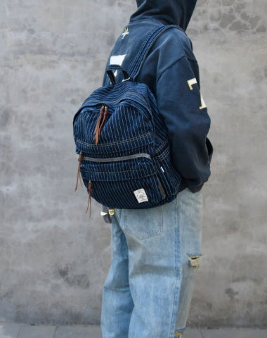 Mens Striped Backpack Large Blue Denim Backpack for Men Striped Jean Backpack