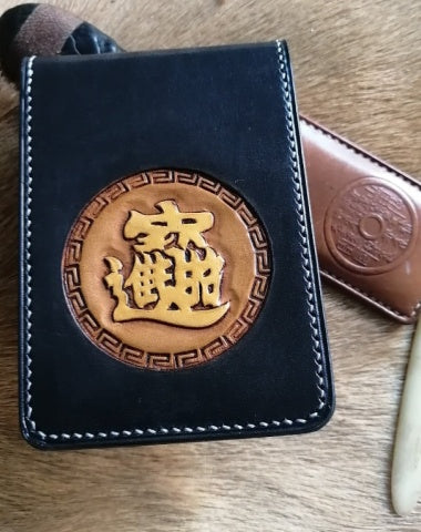 Tooled Leather Wallet Card Wallet with ID Window ID Holder Wallet Chinese Characters Mens Wallet with ID Window
