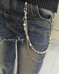Light Blue Shoushan Stone Beaded Wallet Chain Ball Wallet Chain Double Wallet Chain
