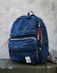 Blue Denim Backpack for Women Striped Jean Backpack Mens Striped Backpack