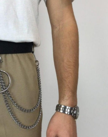 Cool Silver Double Layers Wallet Chain Silver Double Biker Pants Chains With Big Ring For Men