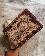 Flower Tooled Leather Wallet Card Wallet with ID Window 