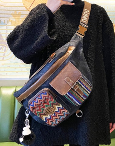 Canvas Boho Embroidery Waist Bag Women Boho Large Canvas Sling Bag Crossbody Backpack