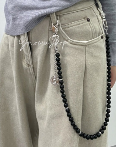 Black Beaded Wallet Chain Obsidian Stone Wallet Chain Black Ball Wallet Chain