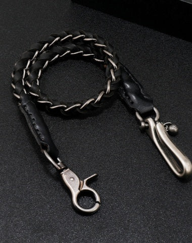 Cool Black Braided Wallet Chains With Hook Handmade Silver Leather Biker Pants Chain For Men