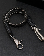 Cool Black Braided Wallet Chains With Hook Handmade Silver Leather Biker Pants Chain For Men