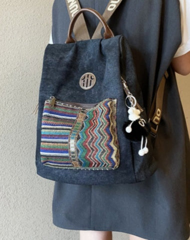 Boho Style Backpack Womens Canvas Backpack Vintage Black Gray Embroidery Boho Backpack
