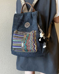 Boho Style Backpack Womens Canvas Backpack Vintage Black Gray Embroidery Boho Backpack