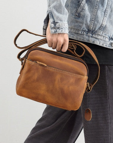 Brown Leather Crossbody Bag for Men Small Brown Leather Crossbody Purse Messenger Bag
