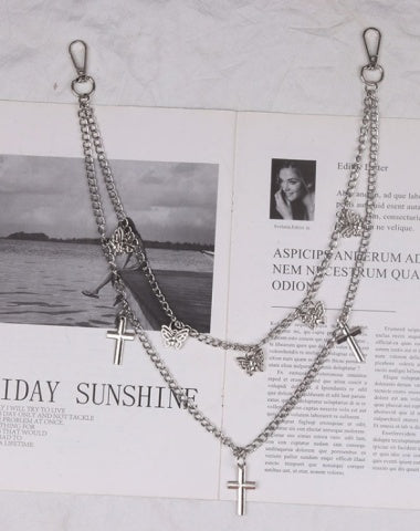 Cute Womens Jeans Chain Silver Double Layers With Butterfly&Cross Charms Pants Chain For Women