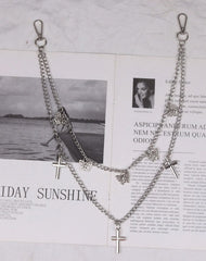 Cute Womens Jeans Chain Silver Double Layers With Butterfly&Cross Charms Pants Chain For Women