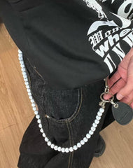 White Beaded Wallet Chain Womens White Lavastone Long Bead Wallet Chain with Keyring