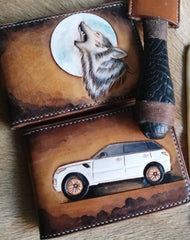 Wolf Tooled Leather Wallet Billfold Card Wallet with ID Window ID Holder Wallet Mens Wallet with ID Window