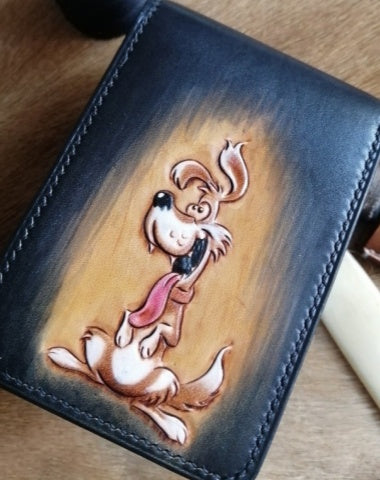 Tooled Leather Wallet Card Wallet with ID Window Dog Leather Wallet ID Holder Wallet Mens Wallet with ID Window Cartoon Dog Wallet
