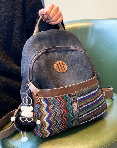 Boho Style Backpack Womens Vintage Black Gray Embroidery Canvas Backpack Boho Backpack