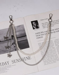 Cute Womens Jeans Chain Pearl Chain Silver Double Layers With Butterfly Charms Wallet Chains For Women