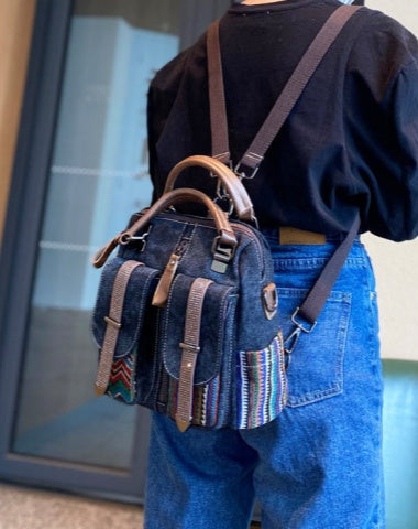 Women Canvas Embroidery Convertible Boho Backpack Shoulder Bag Canvas Convertible Handbag Boho Crossbody Bag With outside Pockets