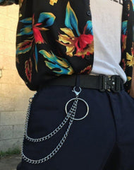 Cool Silver Double Layers Wallet Chains Silver Double Biker Pants Chain With Big Rings For Men