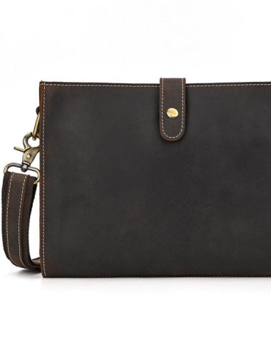 Leather Wristlet with Shoulder Strap for Men Dark Brown Leather Clutch with Shoulder Strap