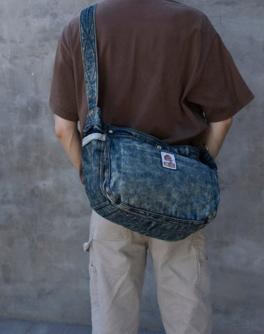 Large Denim Crossbody Bag for Men Vintage Large Jeans Shoulder Bag Blue Denim Messenger Bag