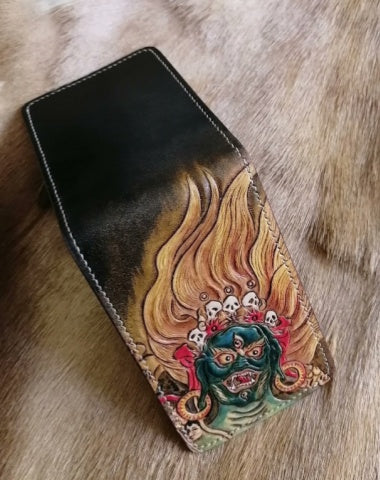 Mahakala Deity Wallet ID Holder Wallet Mens Wallet with ID Window Mahakala Wallet Tooled Leather Wallet Card Wallet with ID Window