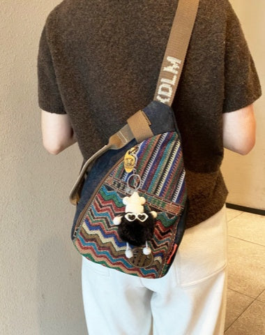 Womens Boho Sling Bag Canvas Embroidery Sling Backpack Canvas Crossbody Backpack