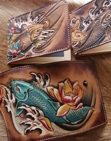 Cyan Carp Tooled Leather Wallet Mens Wallet with ID Window Carp Card Wallet with ID Window