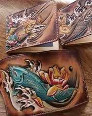 Cyan Carp Tooled Leather Wallet Mens Wallet with ID Window Carp Card Wallet with ID Window