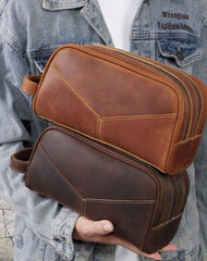 Brown Leather Men's Toiletry Bag Leather Roomy Dopp Kit Clutch Wash Kit