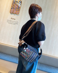 Boho Canvas Saddle Shoulder Bag Women Boho Embroidery Canvas Crossbody Bag
